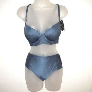 Youmita 36C China Blue Jacquard Stripe Push Up Bra and Large Seamless Panty NWT
